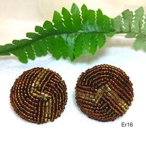 Clip-on Round Earrings Metallic Gold Bronze Beaded